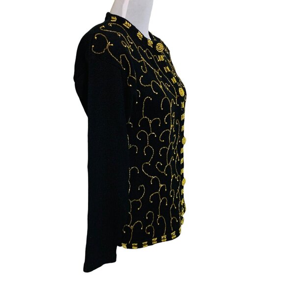 Victoria Harbour Petite PM Black Cardigan Sweater Gold Bead Embroidery Buttons - Picture 4 of 9